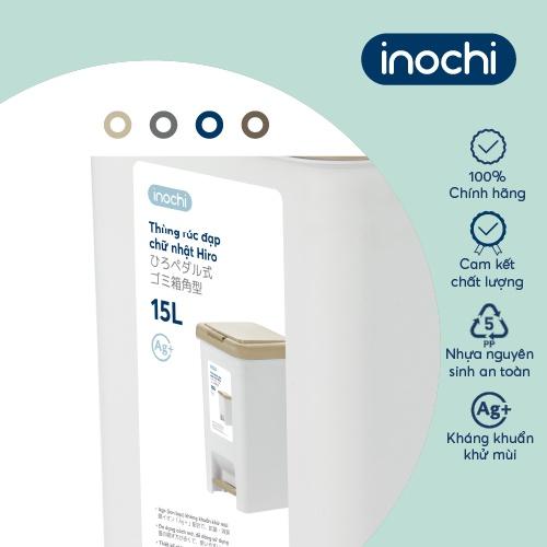 Thùng rác đạp chữ nhật Inochi- Hiro 15L (loại kèm ruột) Thân màu Trắng kem+ Nắp Ghi/Xanh/Nâu/Be