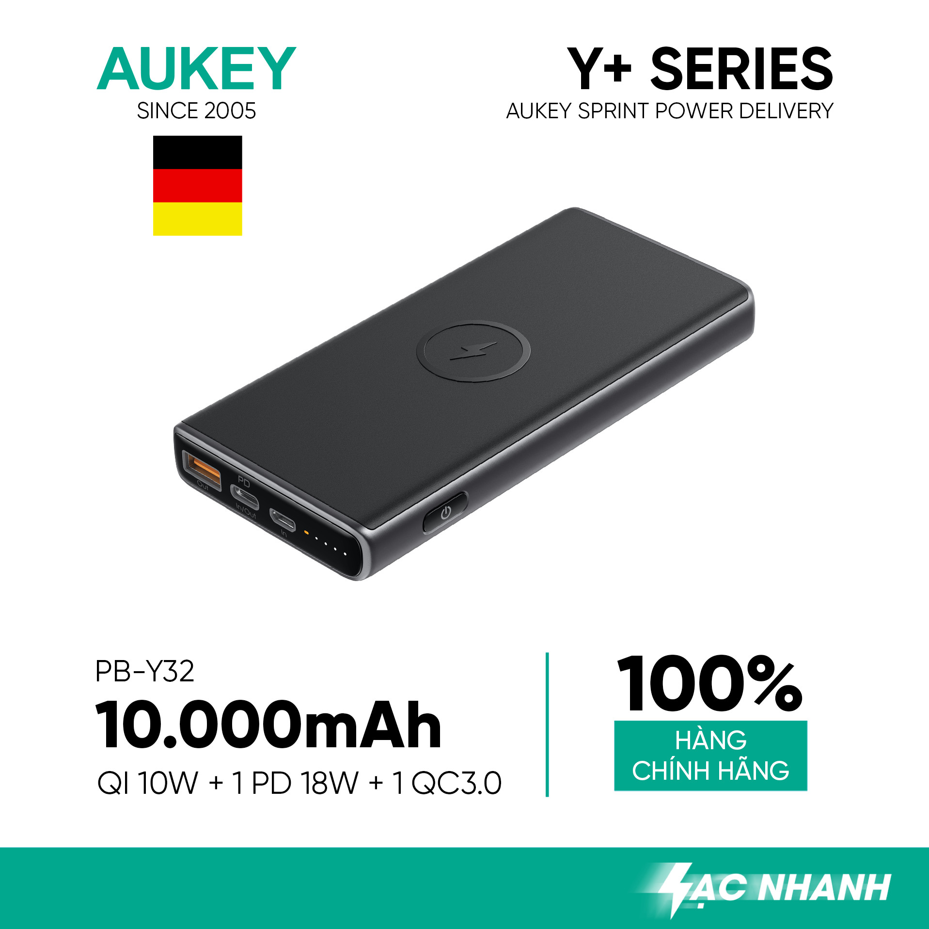 Pin Dự Phòng Kiêm Sạc Không Dây 10W AUKEY PB-Y32 10.000mAh, Sạc Nhanh PD 18W, QC 3.0, Hỗ Trợ Sạc Dòng Điện Thấp - Hàng Chính Hãng