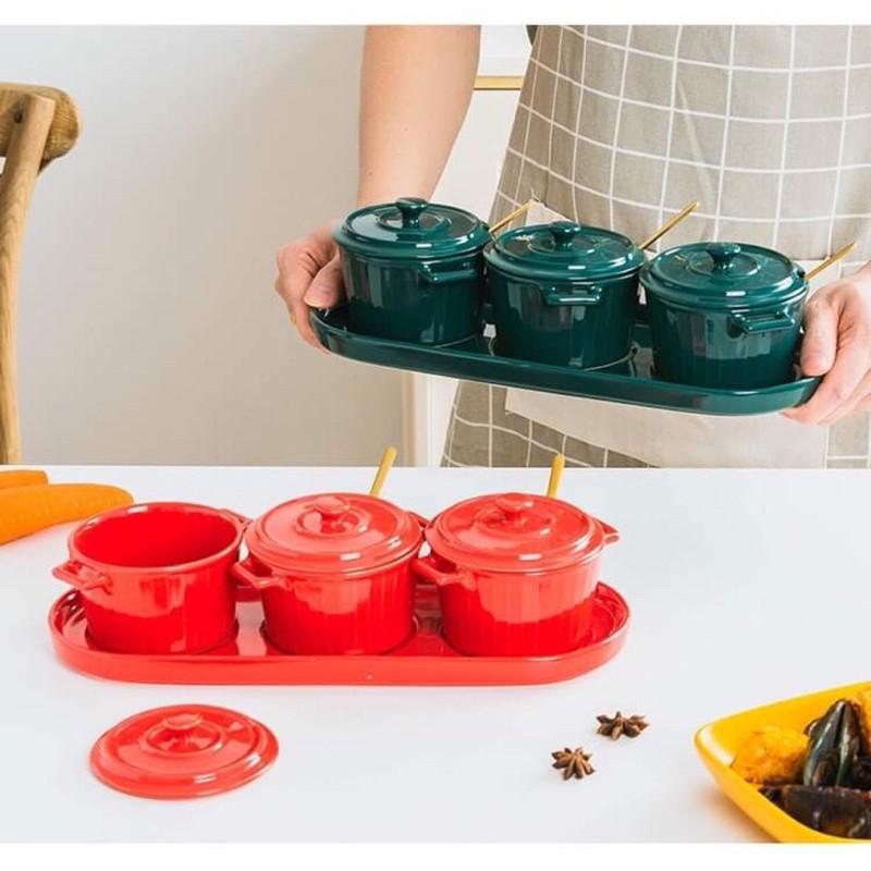 Khay 3 Hũ Sứ Gia Vị kèm thìa, Sét Ăn Sáng Đồ Ăn Dặm, Sứ cao cấp xuất khẩu