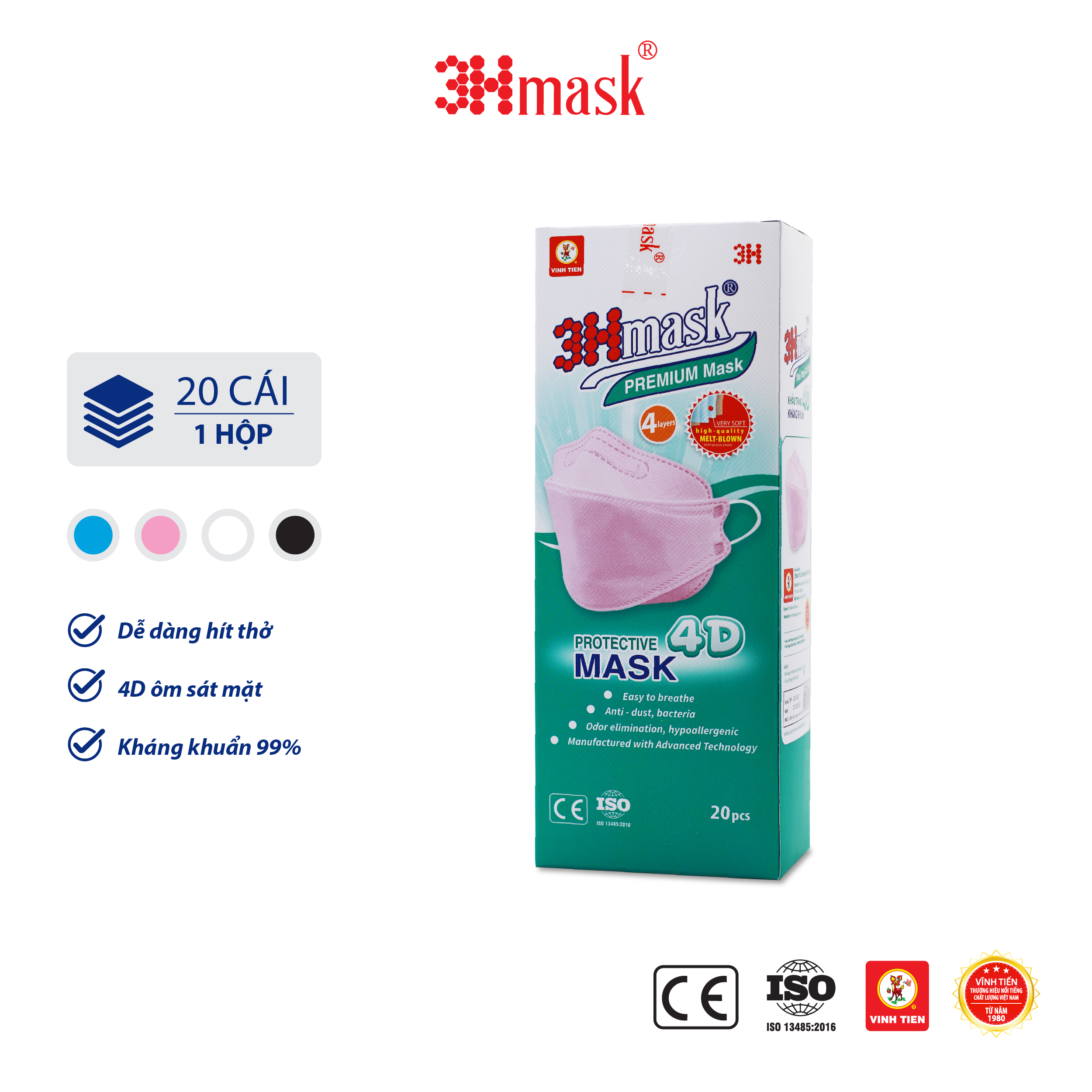 Khẩu Trang 3Hmask 4D Quai Tròn Hồng (20 cái) - Kháng Khuẩn Cao Cấp ôm khít mặt, không lem son