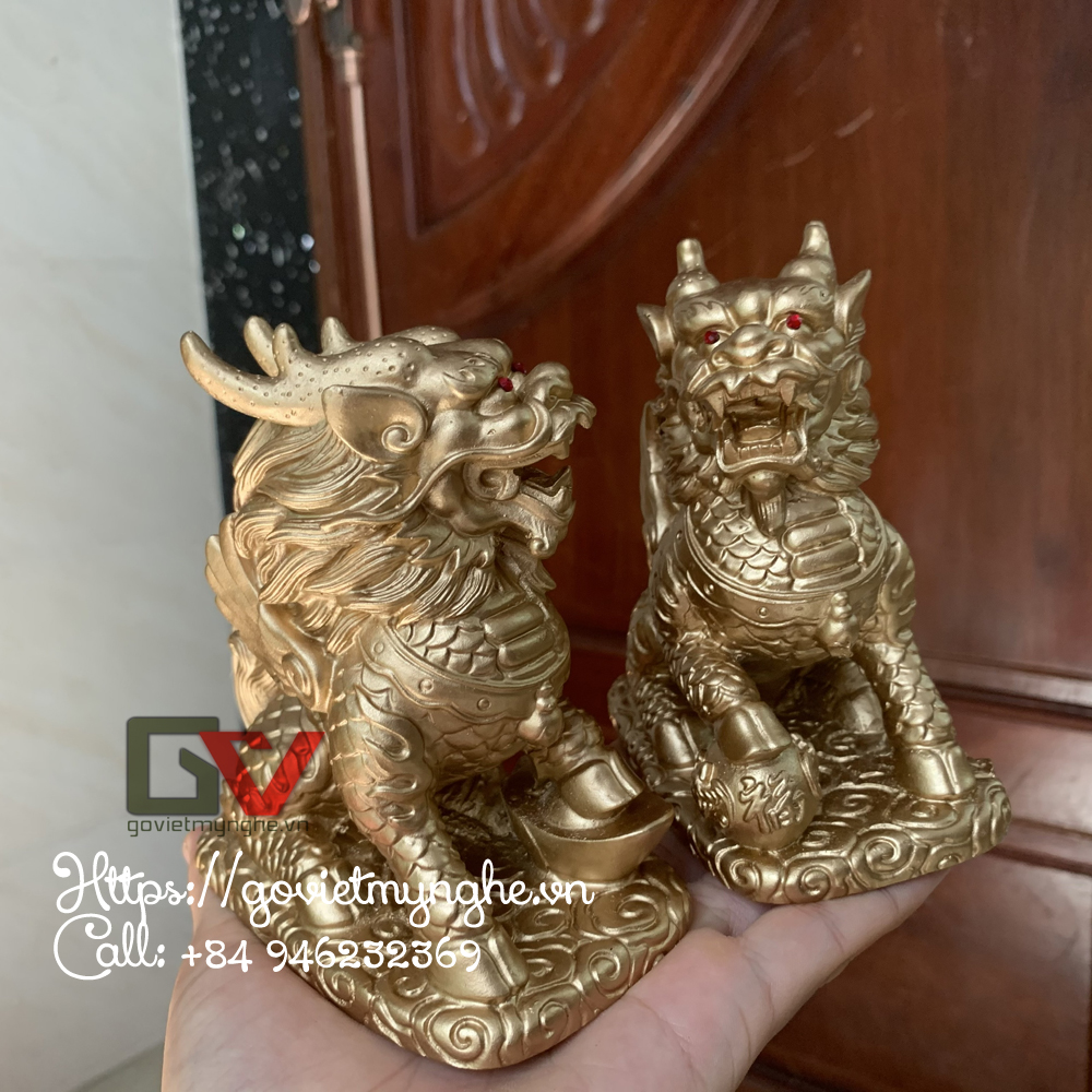 Cặp 2 Tượng Đá Tỳ Hưu Phong Thủy 2 Sừng - Trang Trí Bàn Làm Việc - Cao 12cm - Màu nhũ đồng