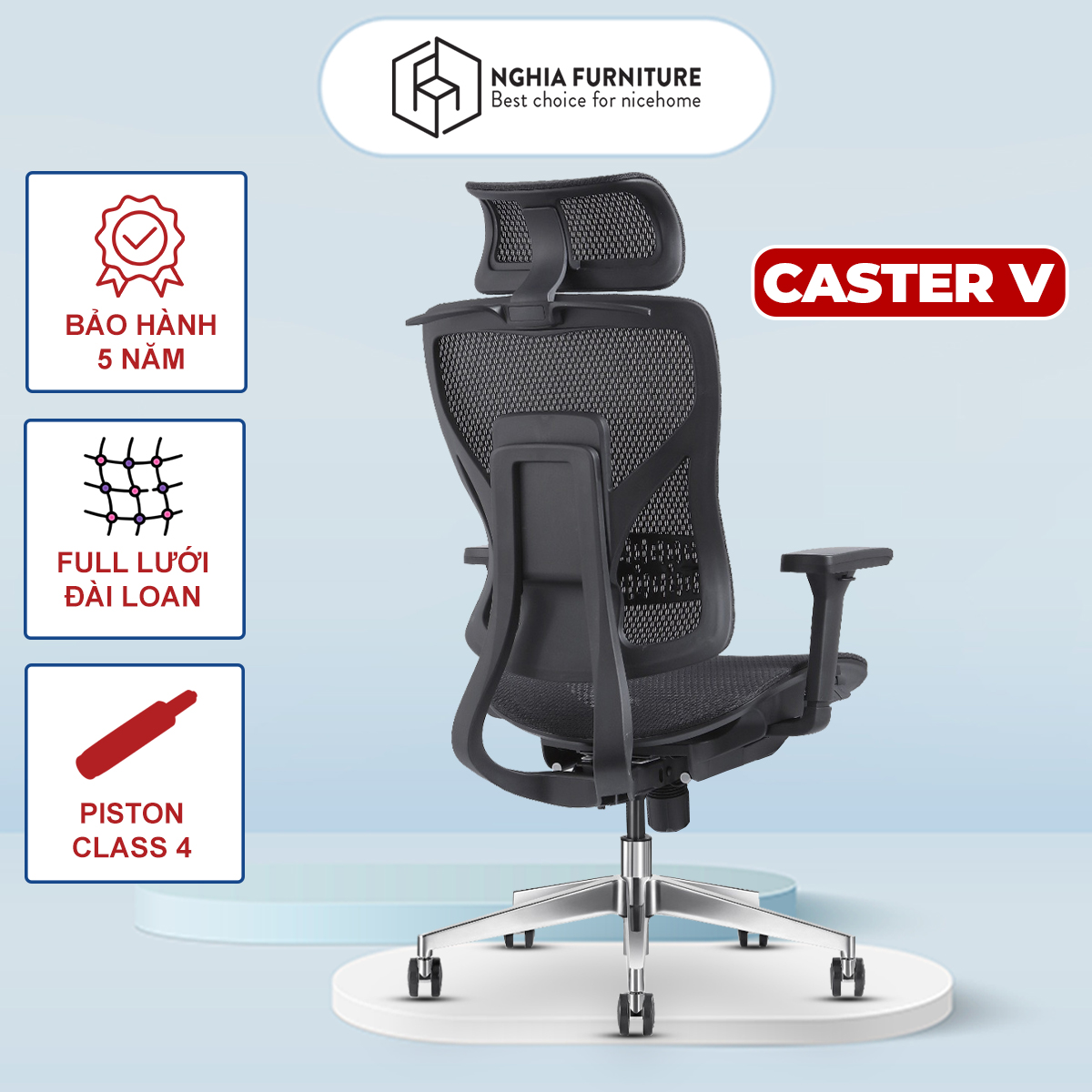 Ghế công thái học Nghia Furniture Caster, Khung nhôm chắc chắn, lưới Wintex Hàn Quốc, Piston class 4, tải trọng 150kg, bảo hành 5 năm