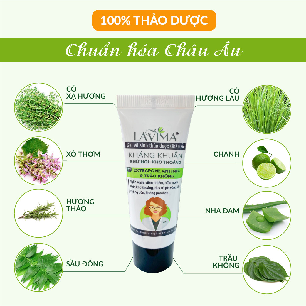 Tuýp gel phụ khoa (rửa phụ khoa, nước phụ khoa) LAVIMA 20g - viêm phụ khoa, nấm, viêm lộ tuyến, 100% thảo dược Châu Âu