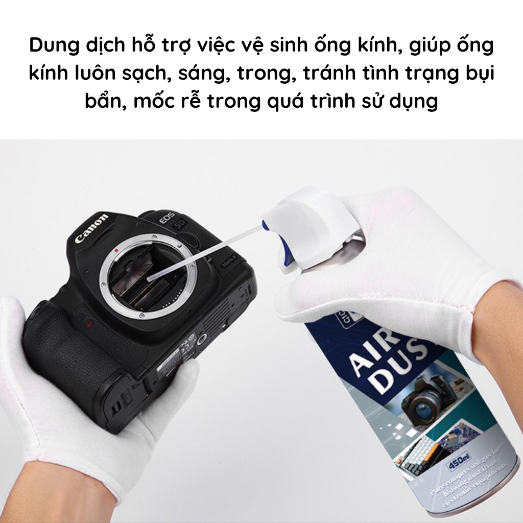 Bình xịt vệ sinh máy ảnh, bàn phím, bo mạch máy tính 450ML- Bình xịt khí nén đa năng dùng cho máy quay, ống kính, điện thoại.