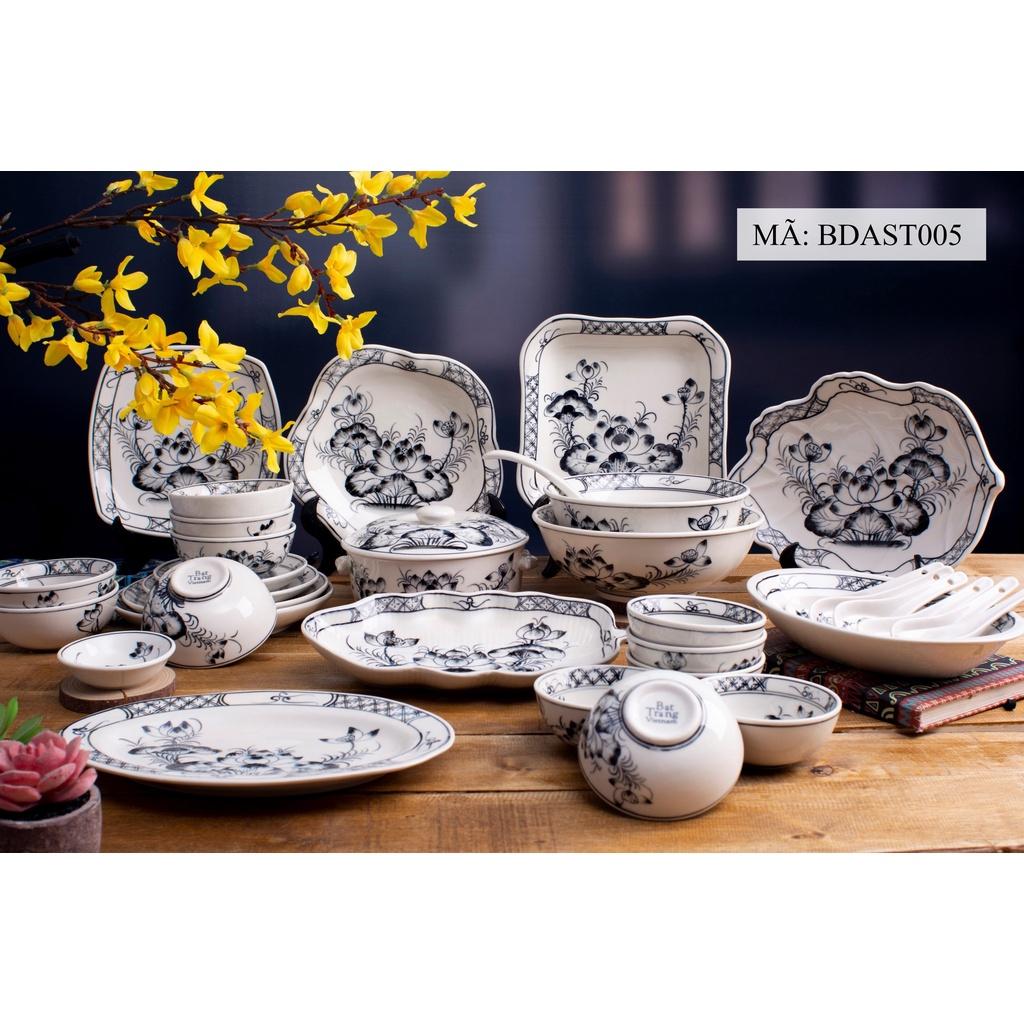 Bộ bát đĩa họa tiết hoa văn hoa SEN CÀNH XANH gốm sứ Bát Tràng
