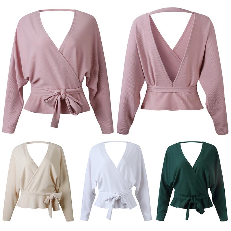 New Sexy Women Winter Sweater Solid Color Deep V Neck Backless Tie Waist Spring Fall Knitwear