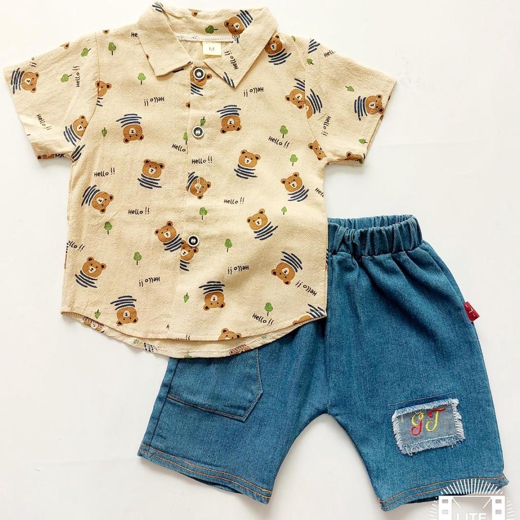 Set Áo Sơmi Hình Gấu Quần Bò Size M/L/XL, Dành Cho Bạn Từ 10 -15kg