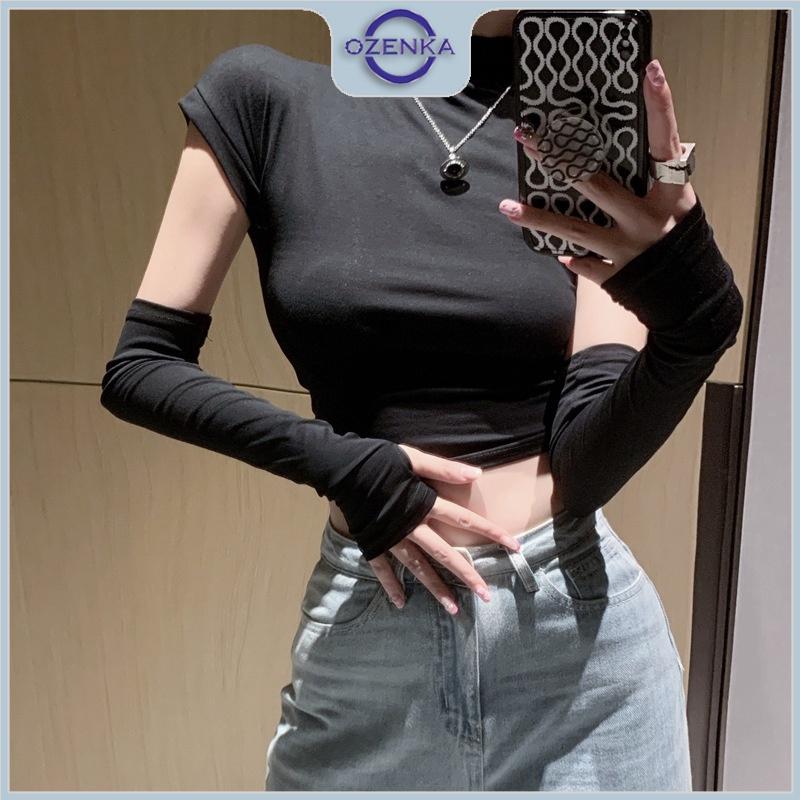 Áo croptop hở lưng cộc tay cổ lọ nữ ozenka , áo crt ôm body thun cotton màu đen trắng dưới 55 cân