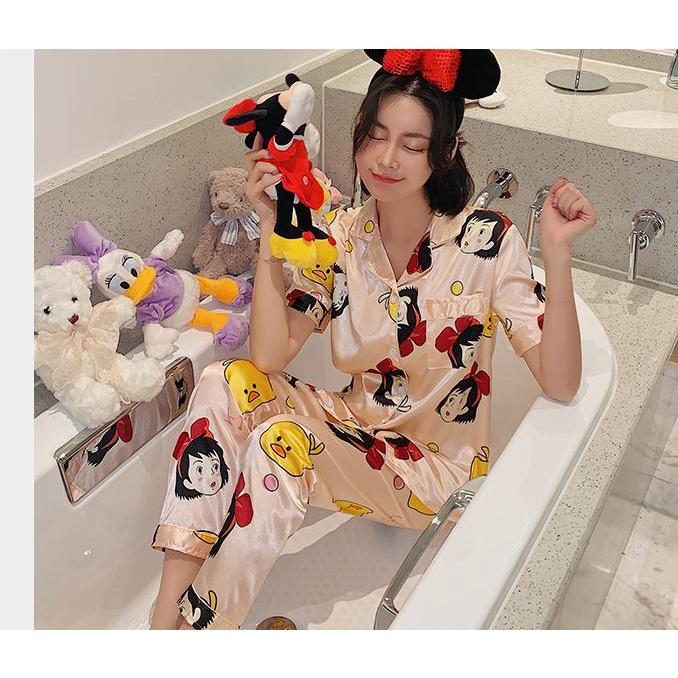Xả kho đồ bộ mặc nhà pijama vải phi bóng in hình bạch tuyết bộ đồ mặc ngủ ngắn tay xinh xắn