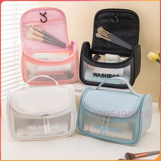 Túi đựng mỹ phẩm du lịch trong suốt cao cấp WASHBAG da mềm mại, chống nước có quai xách, có móc treo tiện dụng