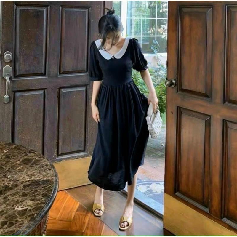 ĐẦM MIDI ĐEN PHỐI CỔ TRẮNG PHỐI NÚT SAU LƯNG