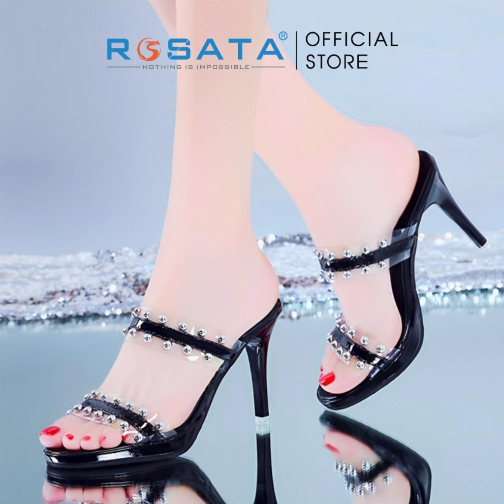 Giày sandal cao gót nữ ROSATA RO588 xỏ ngón mũi tròn quai ngang đính hạt gót nhọn cao 8cm xuất xứ Việt Nam - Bạc