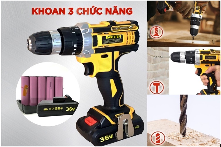 Máy khoan pin RAKUTEN, 3 chức năng khoan tường, Bắn vit, Mở bulong- Tặng kèm 24 chi tiết gồm các mũi khoan + Mũi bắt vít