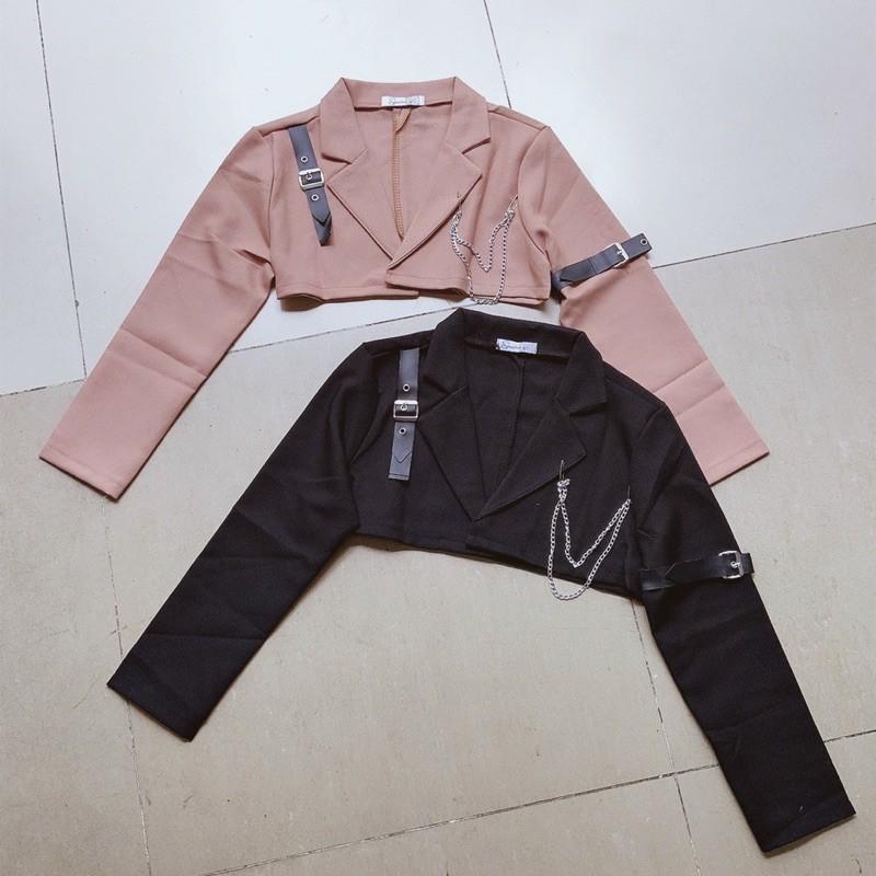 Áo khoác vest nữ form lững phối xích croptop chất vải Tuyết Mưa FreeSize dưới 52kg