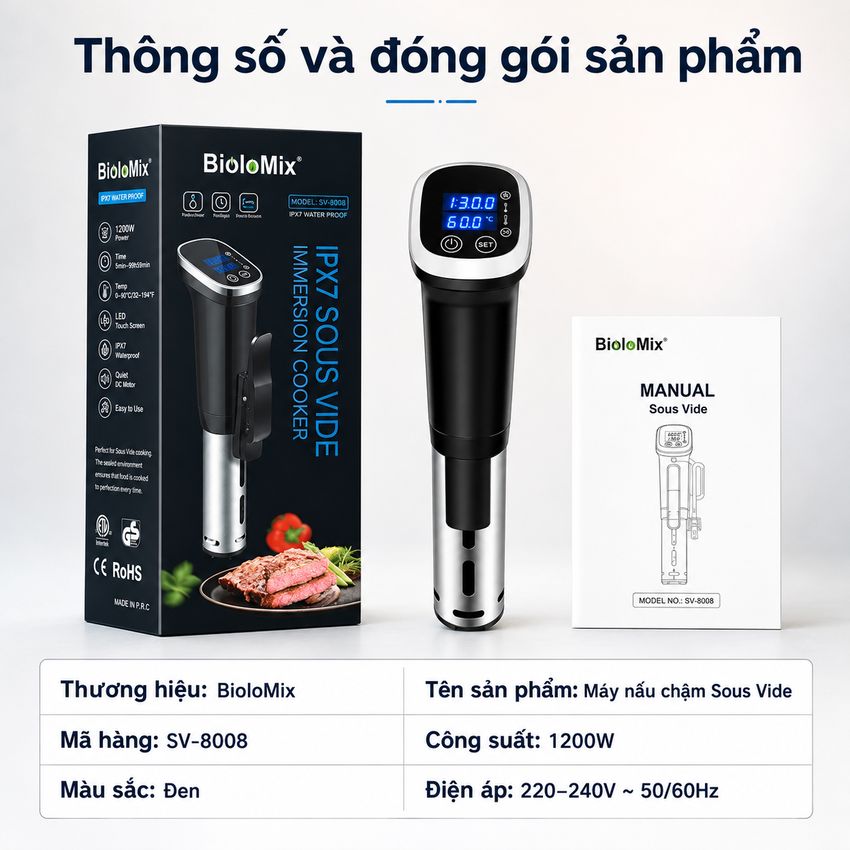 Máy nấu chậm chân không Sous vide BioloMix SV-8008 1200W Điều khiển màn hình LED - Hàng Chính Hãng
