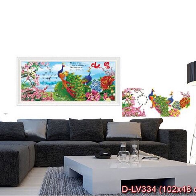 Tranh đính đá cha mẹ chim công LV334 - 102 x 48 cm - chưa đính