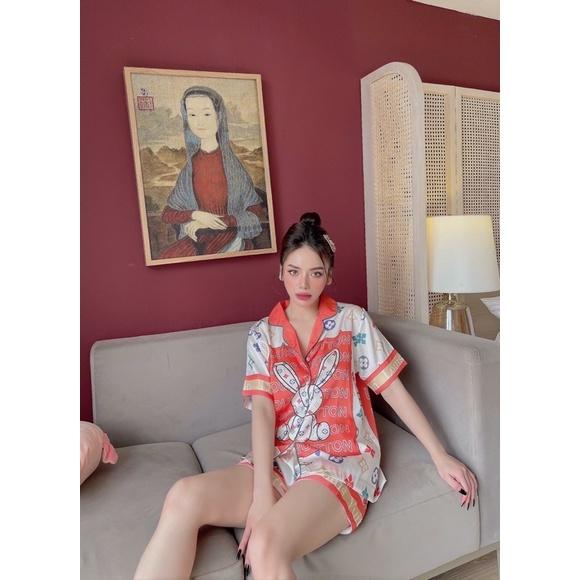Bộ đồ ngủ Pijama, đồ bộ lụa quần đùi cộc tay hoạ tiết satin siêu hùi