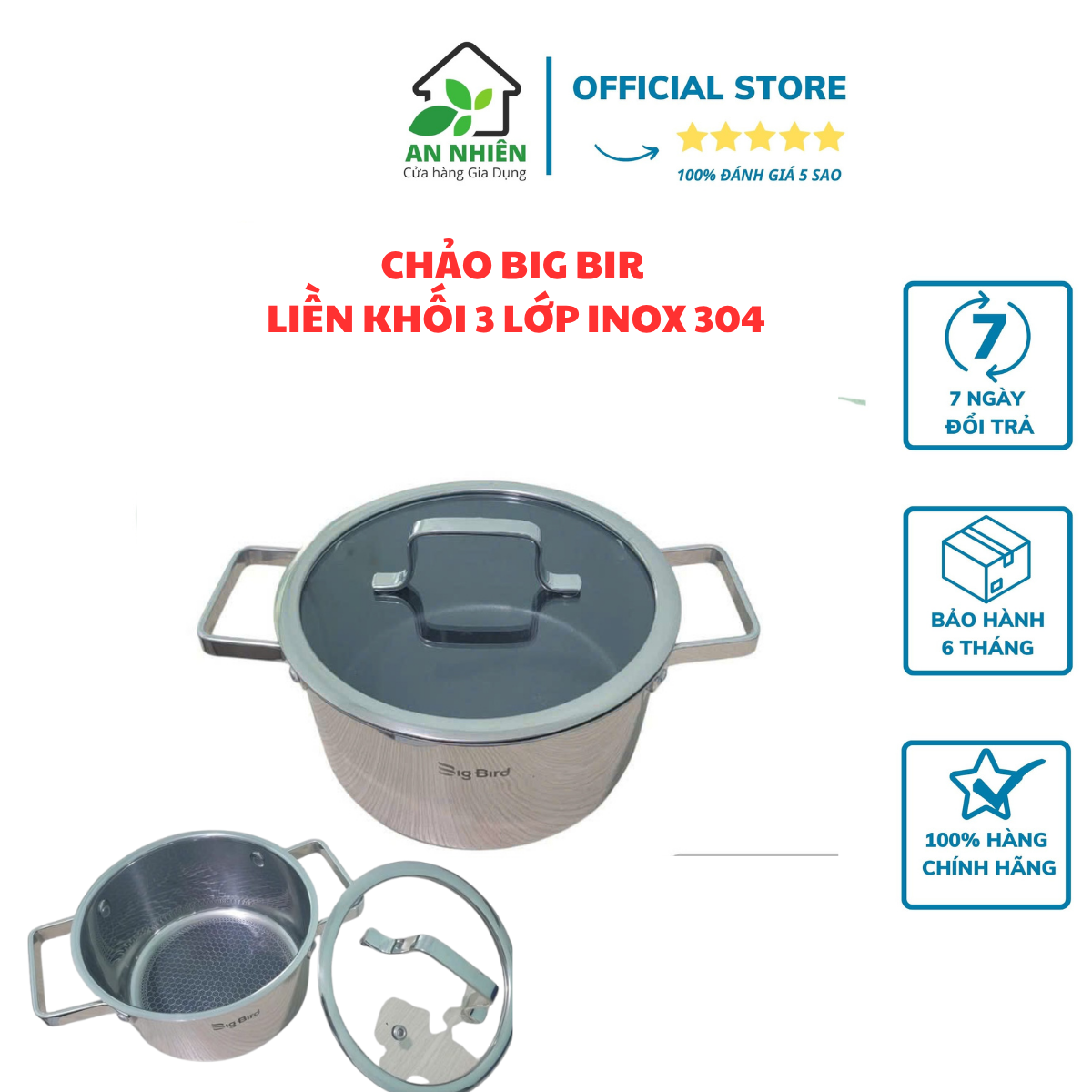 NỒI BIG BIRD SIZE 16 CM INOX LIỀN KHỐI 304 CAO CẤP, DÙNG ĐƯỢC CHO MỌI LOẠI BẾP TỪ, HỒNG NGOẠI, GA