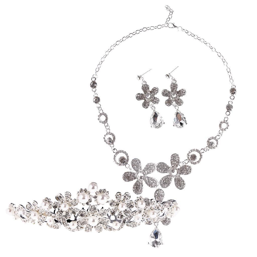 Silver Plated Flower Rhinestone Necklace Earrings Bridal Tiara Jewelry Set