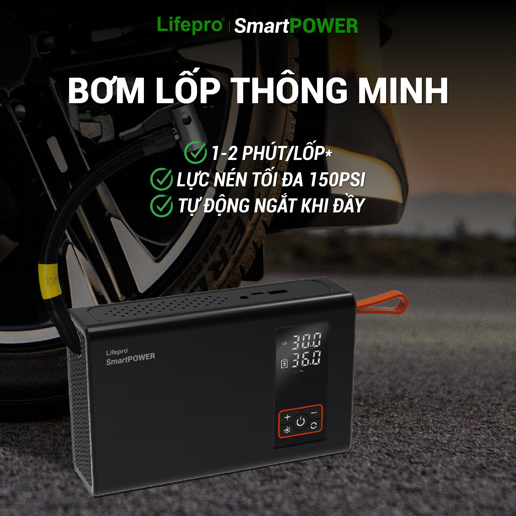 Máy bơm lốp ô tô kèm kích bình đa năng Lifepro SmartPOWER Hàng chính hãng