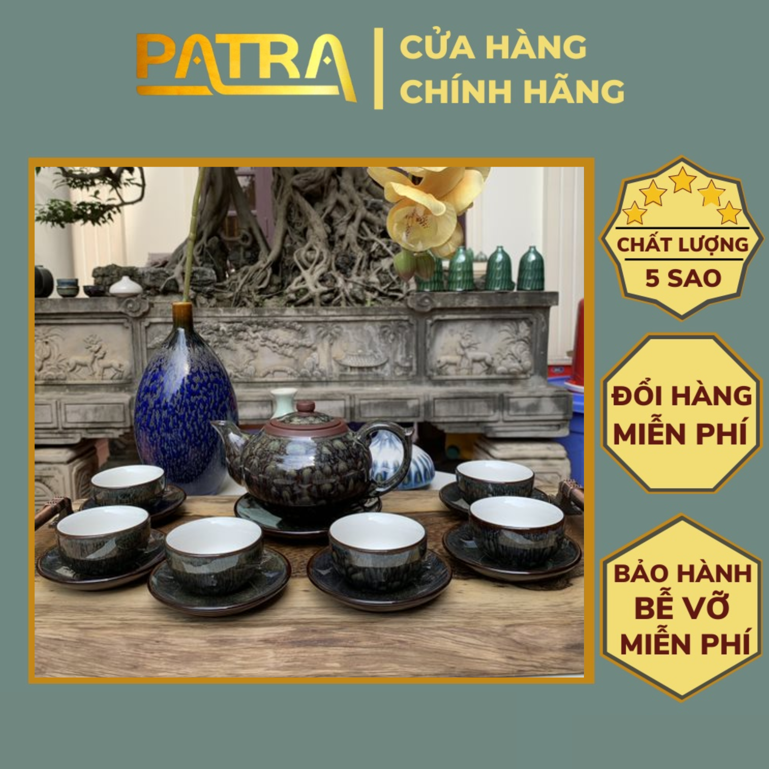 Bộ ấm chén uống trà cao cấp , bộ ấm trà Bát Tràng - tử sa tâm sen