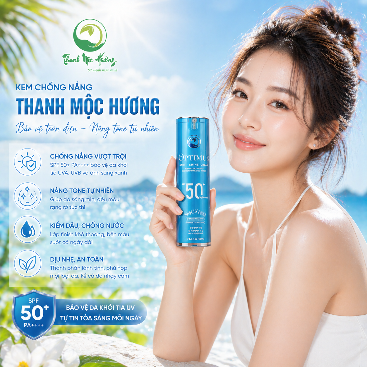Kem Chống Nắng Thanh Mộc Hương Optimus Anti Shine Chống Trôi Nâng Tone Bảo Vệ Da SPF50+ PA++++ 50ml