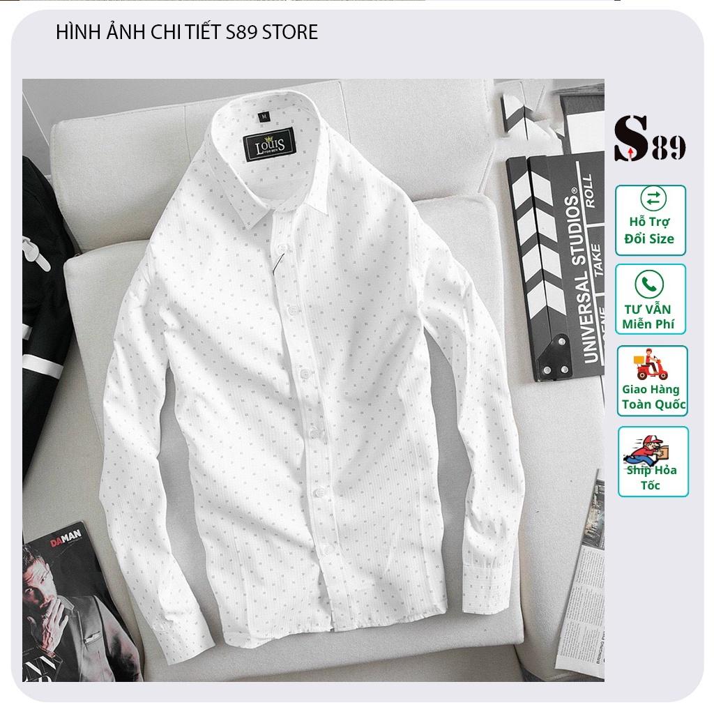 Áo sơ mi nam dài tay cổ cứng họa tiết chấm bi form dáng slim fit vải cotton dày dặn