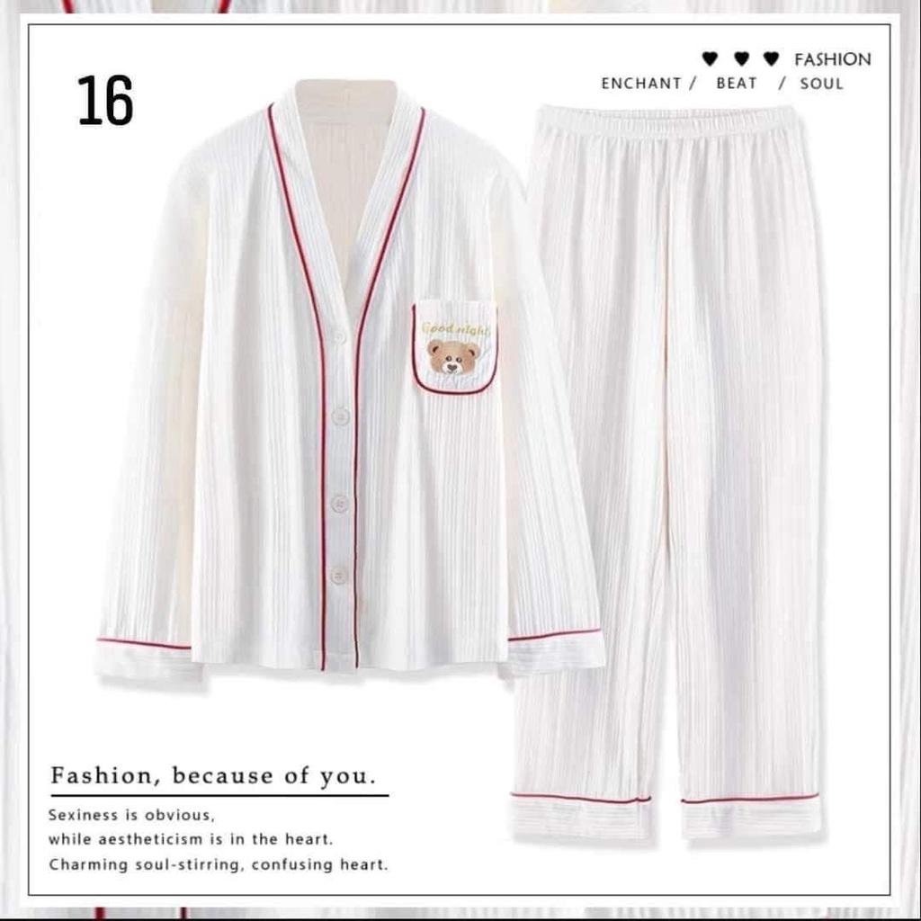 Bộ Ngủ Dài Tay Pyjama Cổ Chữ V 2 Túi Chất Cotton Hàng Đẹp Form Chuẩn