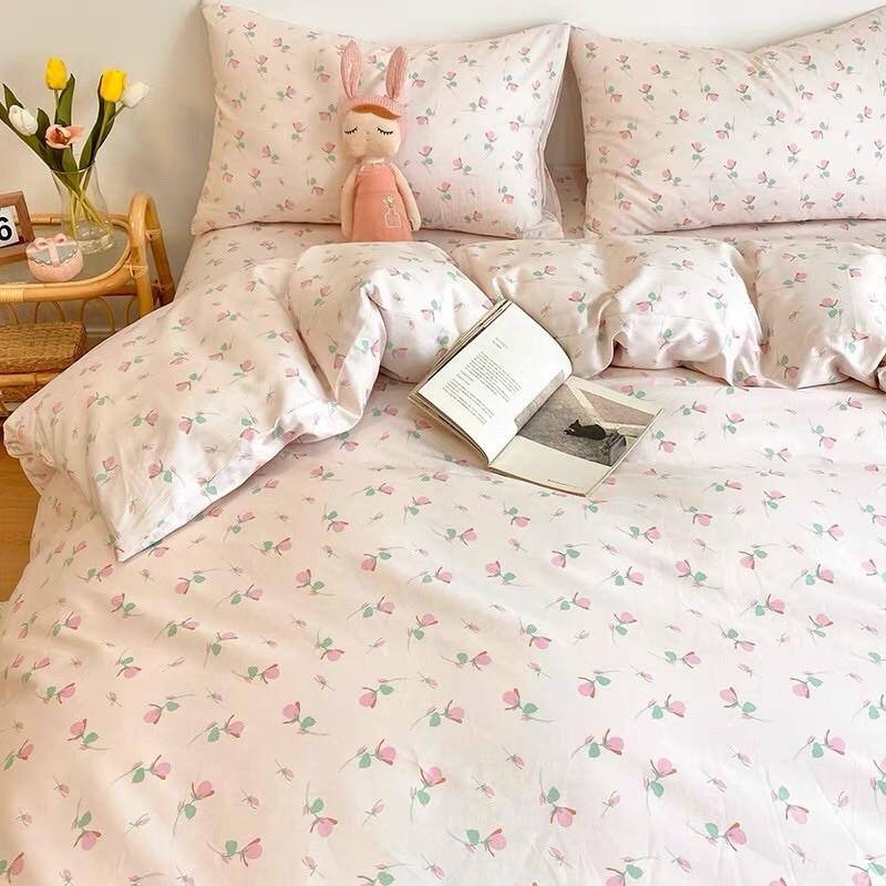 Set Cotton Living 100%cotton Hàng Nhập Khẩu Cao Cấp 4 Món Hoa Nhí Hồng Vintage