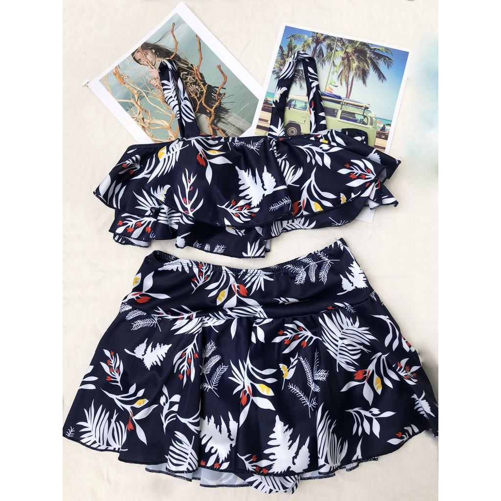 Bikini Đồ Bơi Nữ Hai Mảnh Thiết Kế Áo Xếp Tầng, Chân Váy 2 Lớp Họa Tiết Hoa Lá Trẻ Trung R29