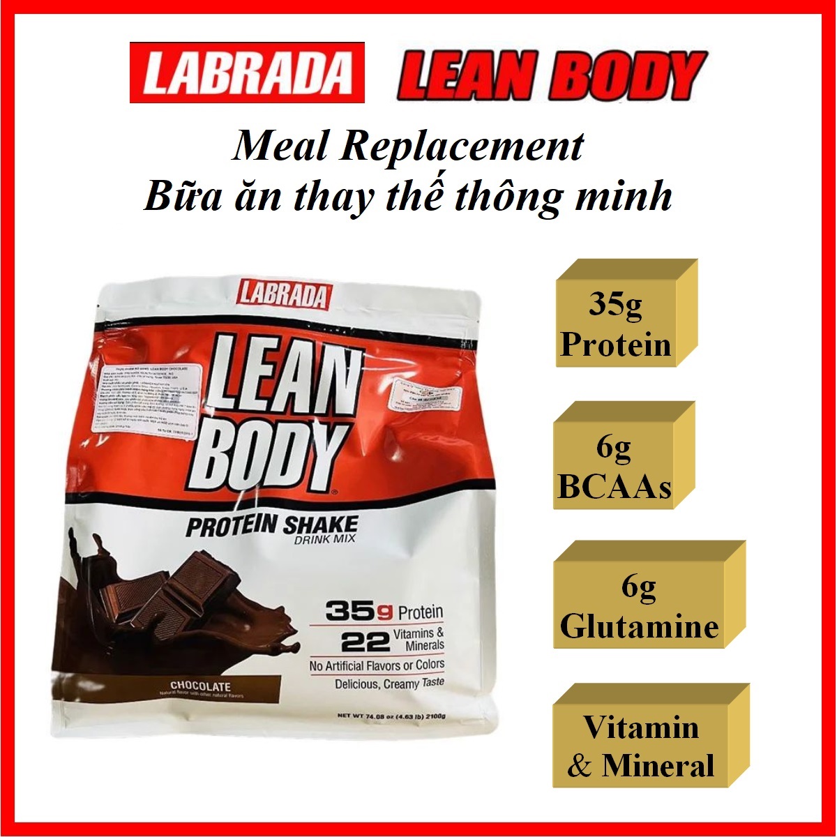 Labrada Lean Body 30 lần dùng 2,1kg – Bữa ăn thay thế, bổ sung Protein, Multivitamin chất béo cần thiết, chất xơ