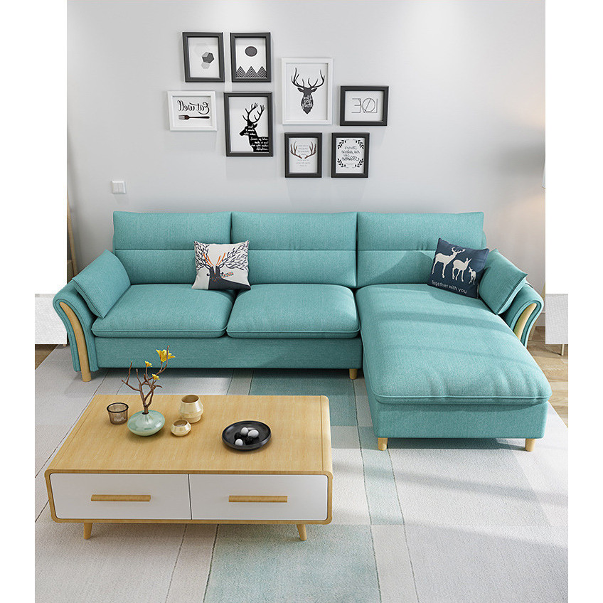 Sofa Góc Tay Gỗ Đẹp Sang Trọng Màu Xanh Nhã Nhặn DP-SG16