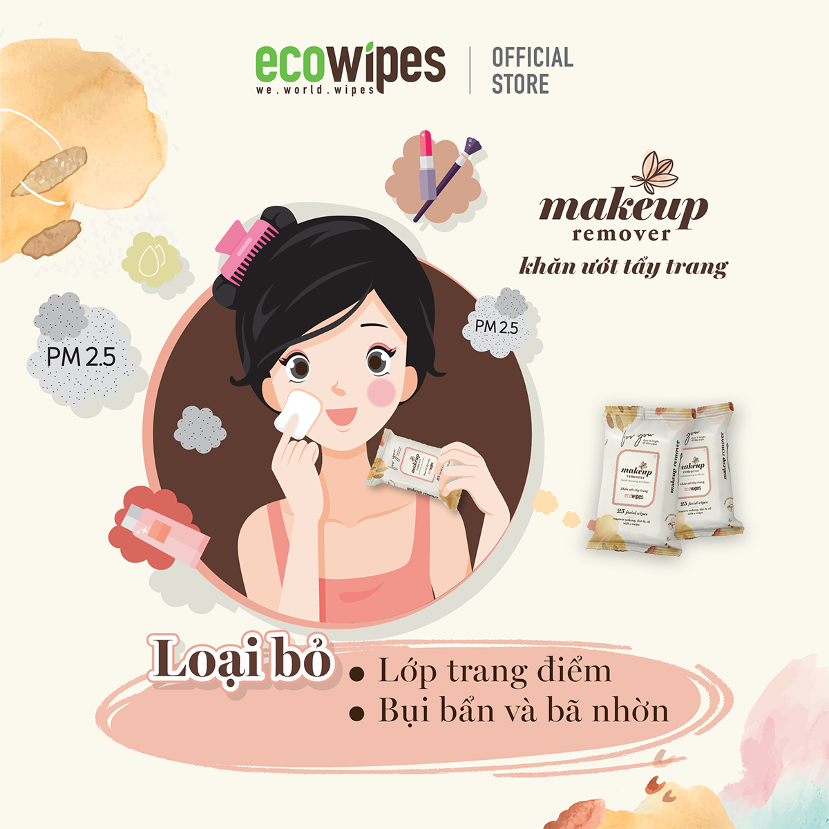 Khăn giấy ướt tẩy trang Makeup Remover Ecowipes gói 25 tờ làm sạch lớp trang điểm nhanh chóng