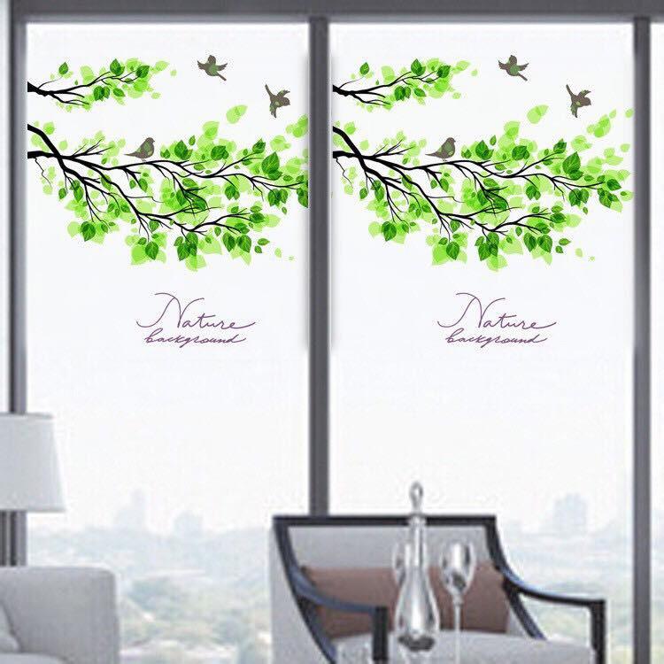 Decal trang trí kính cao cấp mẫu chim lá xanh