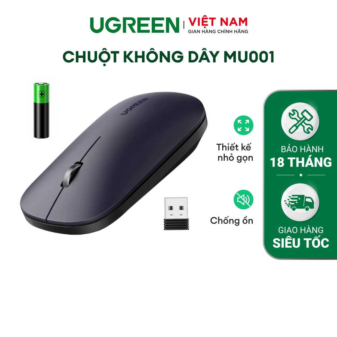 Chuột không dây 2.4G Ugreen MU001| 4 mức DPI 1000/1600/2000/4000 | Nút click im lặng | Chế độ tự động ngủ tiết kiệm pin | Hàng chính hãng - Bảo Hành 18 Tháng