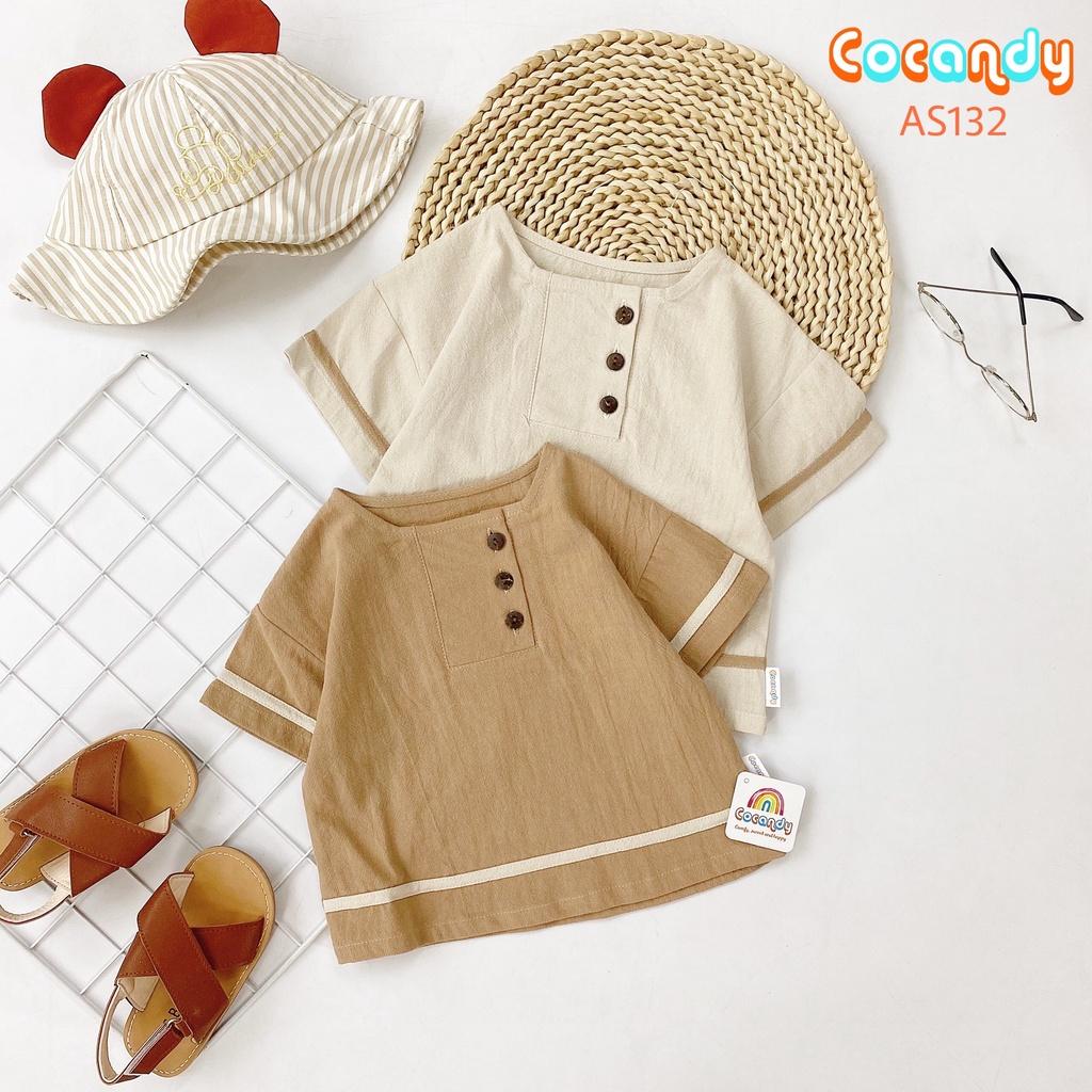 Set đồ cho bé- Áo nâu viền be và Quần cộc đũi nâu cúc túi cho bé của COCANDY mã AS132272, QD115175