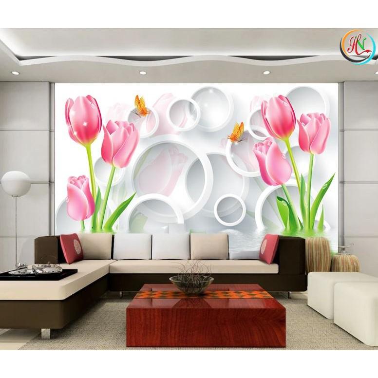 Tranh dán tường HOA 3D tulip - vải lụa phủ kim sa