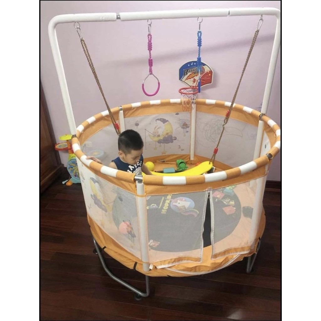 ￼Trampoline Hopkids sàn nhún, quây bóng, nhà bóng cho bé có xích đu, tay vịn kèm xà đơn bóng rổ vận động đường kính 1,5