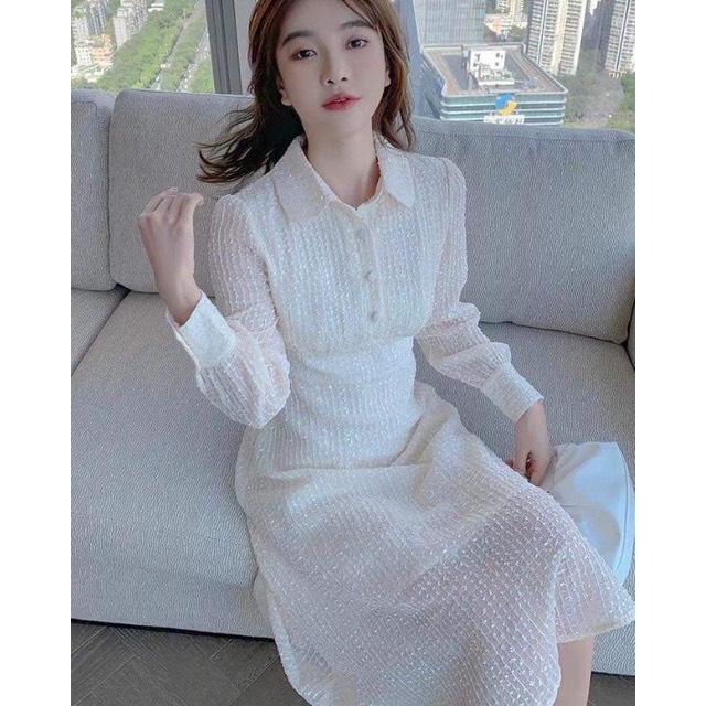 ĐẦM MIDI CỔ SEN TAY DÀI CHẤT VOAN NỔI 12938