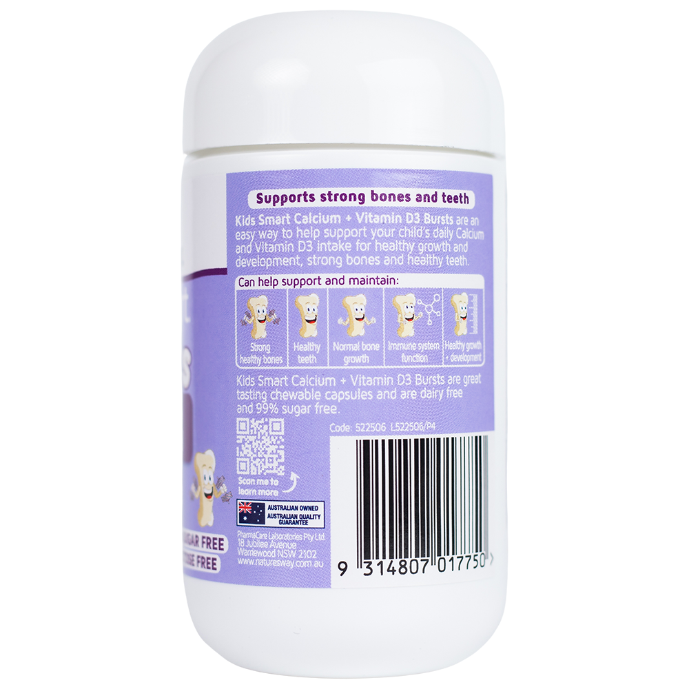 Nature’s Way Kids Smart Bursts Calcium - Bổ sung Vitamin D3 giúp hấp thụ Canxi cho bé từ 6 tháng tuổi nhập khẩu từ Úc (50 viên/ lọ)