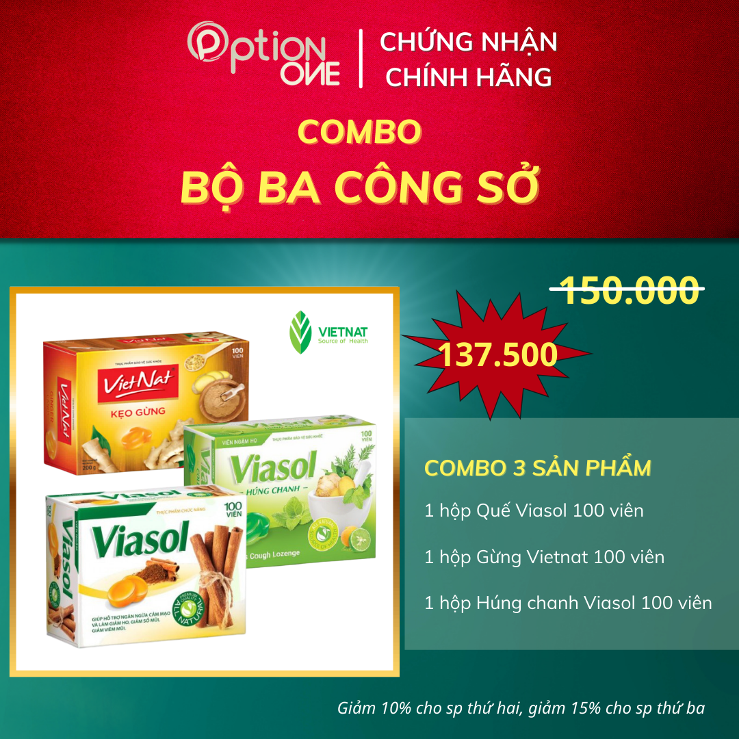 Kẹo ngậm gừng Vietnat 100 viên - Viasol quế 100 viên - Viasol húng chanh 100 viên giảm ho ấm họng