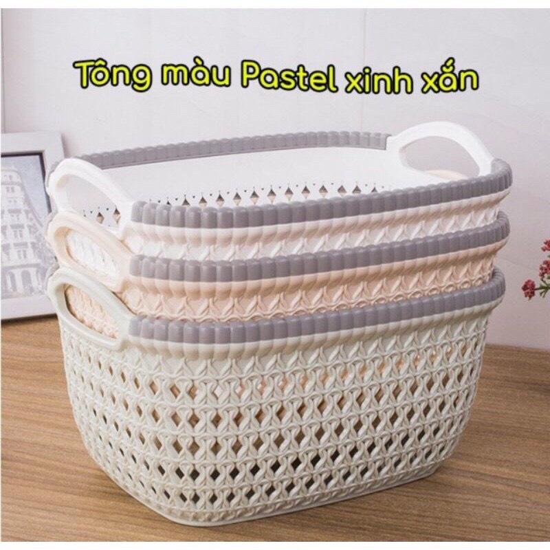 RỔ,GIỎ NHỰA GIẢ ĐAN MÂY CÓ QUAI CẦM ĐỰNG ĐỒ TIỆN LỢI HÀNG VIỆT NHẬT