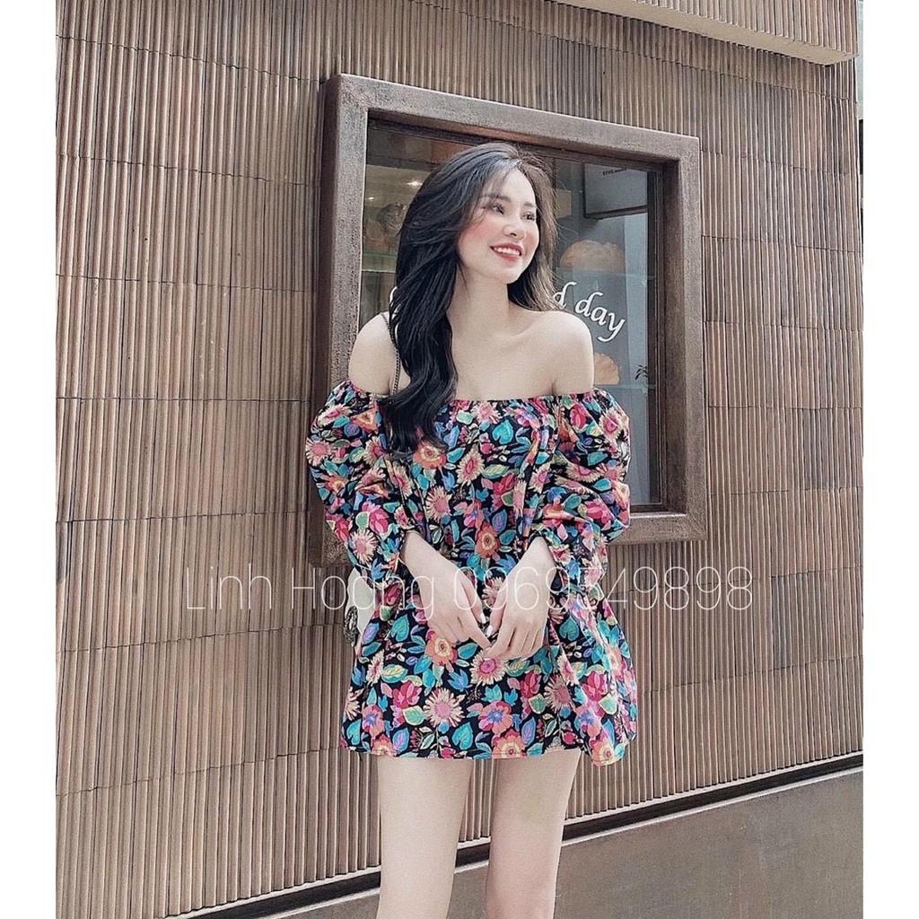 Đầm xoè hoạ tiết bông tay phồng cúp ngực có mút ngực phong cách tiểu thư dịu dàng kèm hình thât