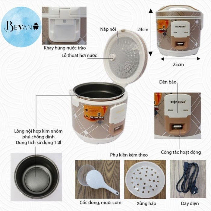 Nồi cơm điện mini nắp gài hàng chính hãng Hiệp Hưng Cao Cấp HHCC-02 Bevano,lòng nồi cơm nhỏ 1.2L chống dính không dính đa năng, giữ ấm lên đến 12h, tiết kiệm điện năng