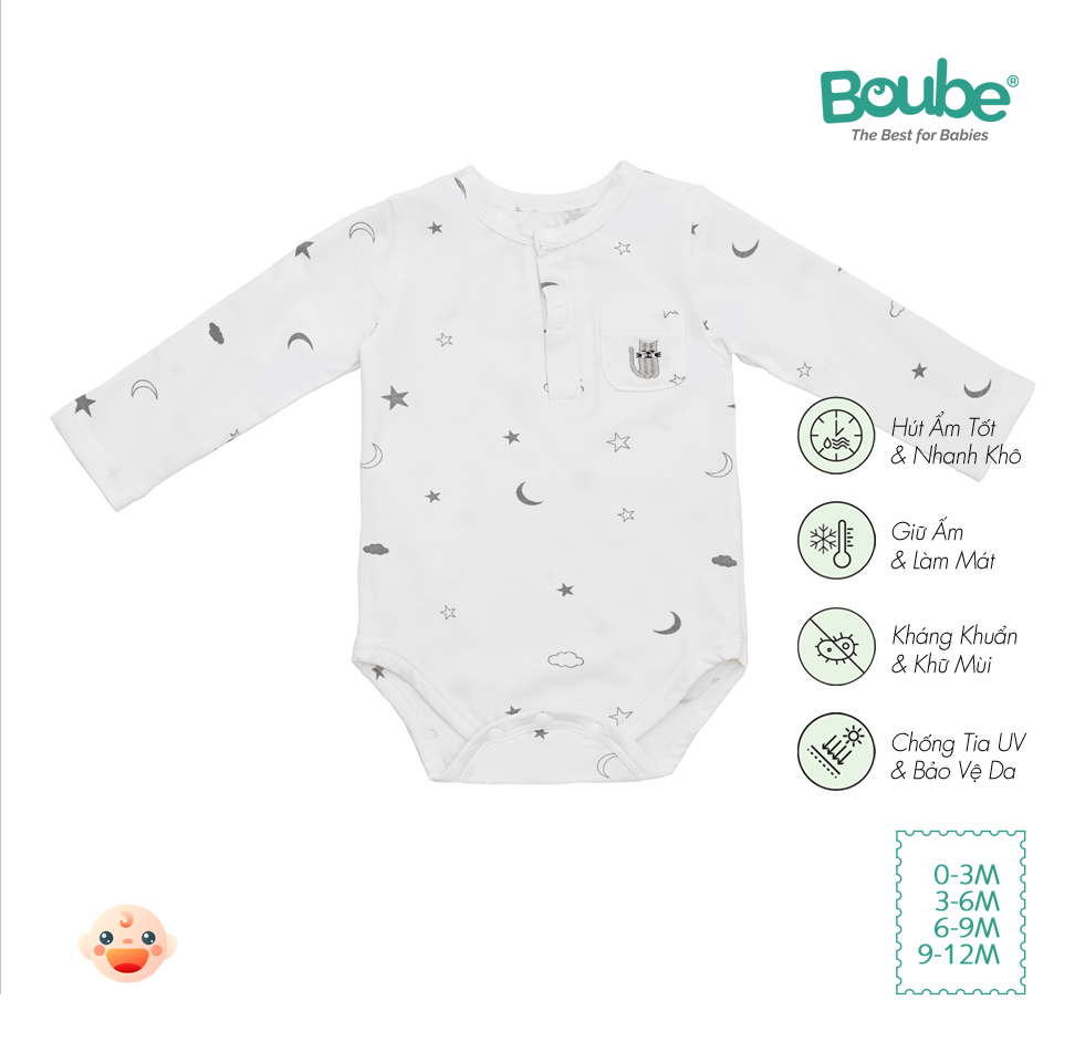 Bodychip, bộ liền tam giác dài tay cho bé sơ sinh họa tiết trăng sao Boube, vải Cotton organic thoáng mát - Size 0-12M