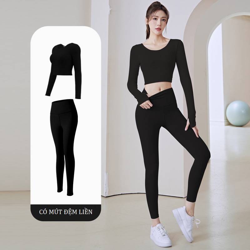 Bộ đồ tập gym nữ có mút đệm, bộ quần áo tập yoga tôn dáng nâng mông áo dài tay croptop và quần dài