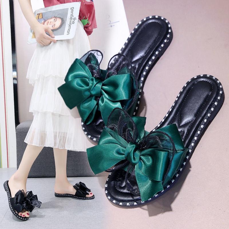 Slippers women wear 2022 summer new Korean version of students' bow tie one-word slippers flat-soled sandals