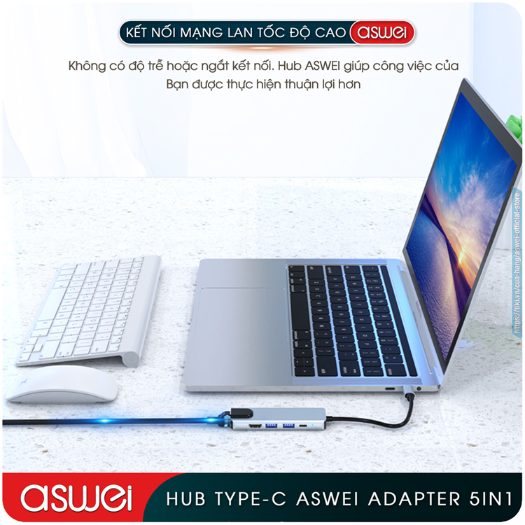 Hub Type C ASWEI 5 in 1 To HDMI, USB 3.0, Lan RJ45, PD 100W - Hàng Chính Hãng
