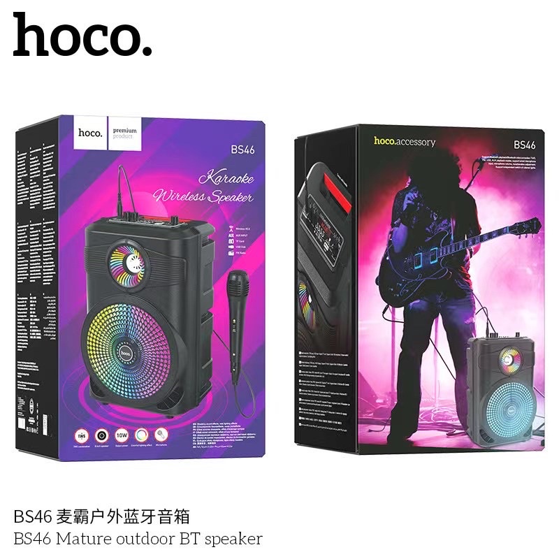 Loa Karaoke Dành Cho Hoco BS46 LED, Tặng 1 Micro Có Dây Hỗ Trợ USB, Thẻ Nhớ TF, AUX, Đài FM, Công Suất 10W, Bluetooth 5.0 - Hàng Chính Hãng