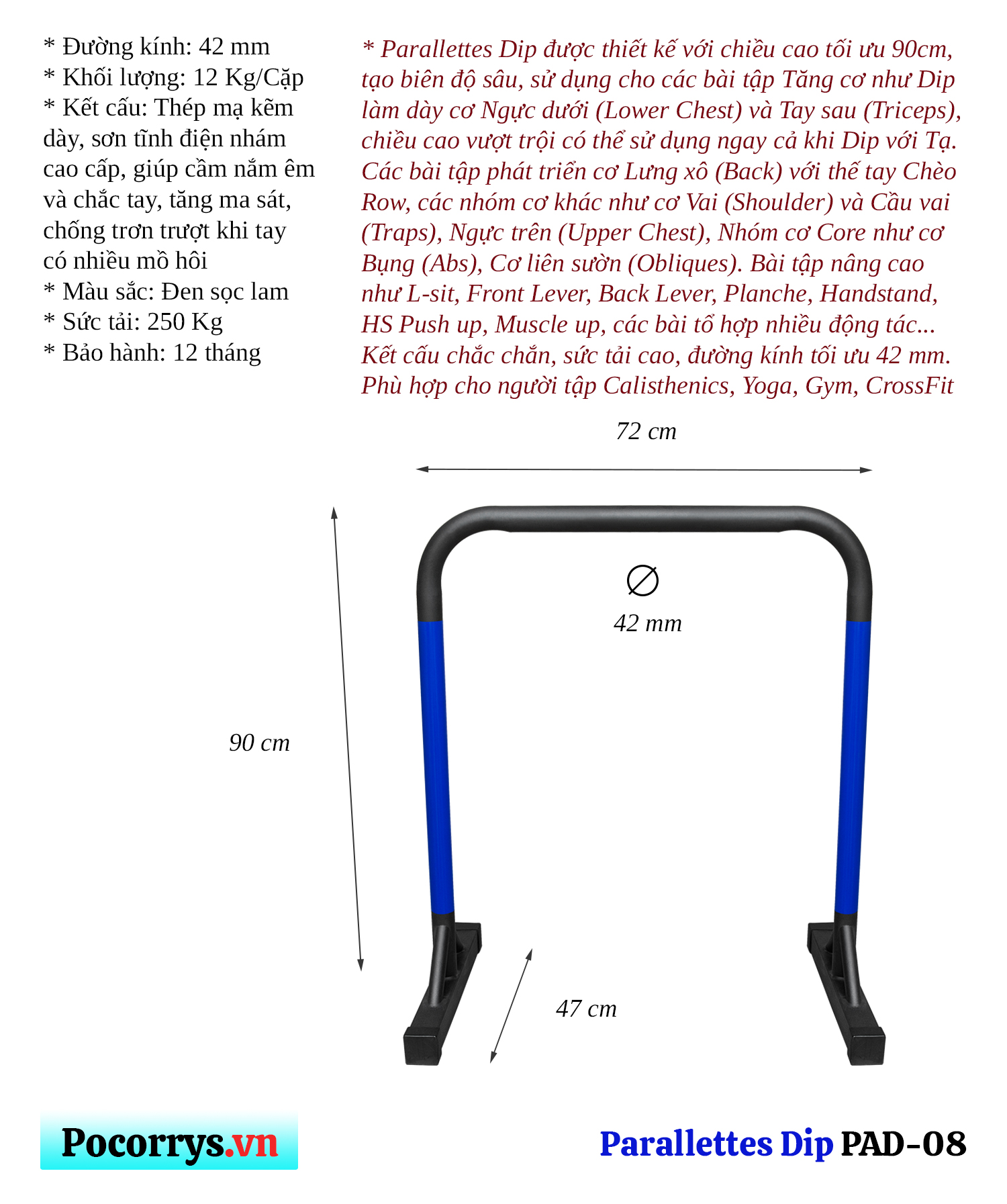 Combo Xà đơn đứng &amp; Xà kép Parallettes Dip cao 90cm